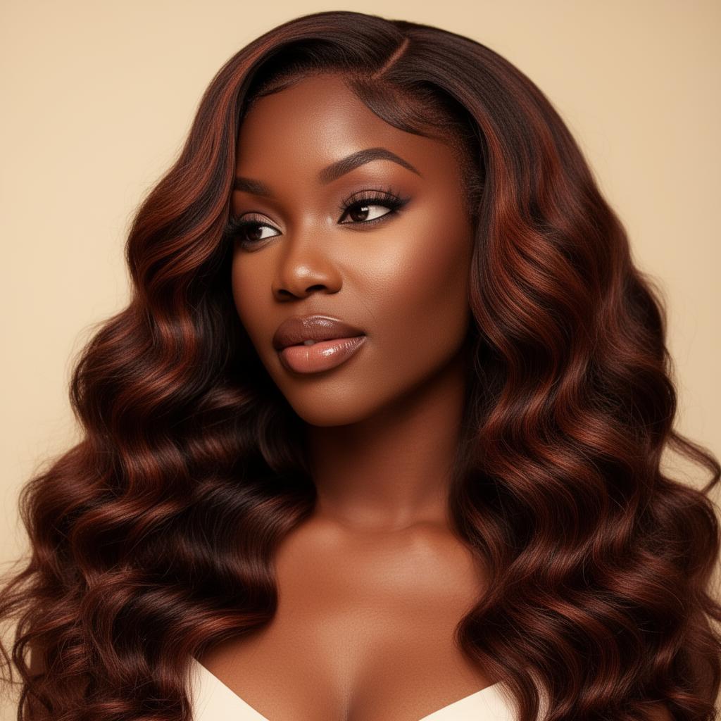 Black woman wearing a flowing mahogany wave wig in warm studio light
